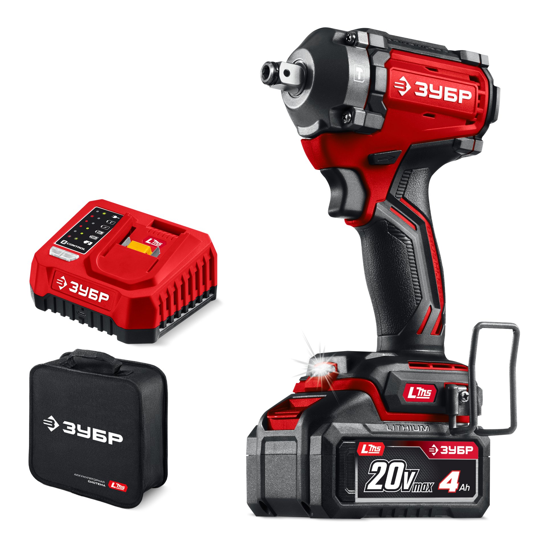 ЗУБР 20 В, 350 Н·м, 1 АКБ LMS (4 А·ч), бесщеточный ударный гайковерт, сумка (ГБУ-350-41)