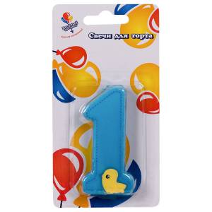 Свеча для торта голубая с уточкой "1" 7,5 см/132484