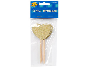 Пика для канапе  "Сердце золото" ассорти блеск 12 см 6 шт.