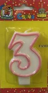 Свеча для торта с розовой окантовкой "3"