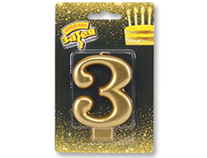 Свеча-цифра "3" Золотая 8 см / 1502-2836
