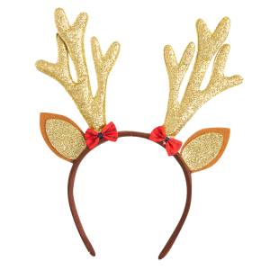 Ободок Оленьи рожки с ушками и красными бантиками, Золото с блестками/6230807