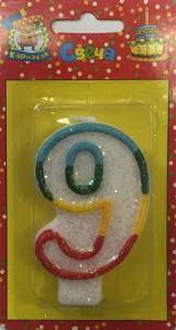 Свеча-цифра  с блёстками 7,6 см  "9"                               