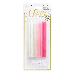 Свечи XL Микс с глиттером Розовый, нежно-розовый, персиковый, белый с держ 12шт, 15см 620221BG-P