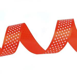 Лента атлас красный в белый горох 25 мм*22,85м
