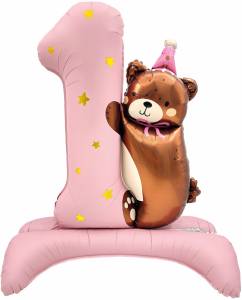 35" Цифра на подставке "1 Годик" Мишка в колпачке, розовый сатин / Китай 26756