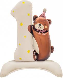 35" Цифра на подставке "1 Годик" Мишка в розовом колпачке, бежевый сатин / Китай 27301