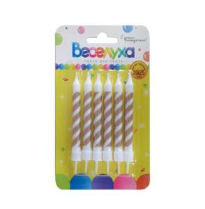 Свечи Золотые Полоски с держат 6шт, 9,5см/183547