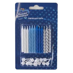 Свечи Голубой микс, Металлик, 6 см, 12 шт. с держат./ 132531
