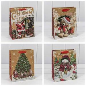 Пакет подарочный 18*23*10 см Крафт новогодний микс / 300367Е