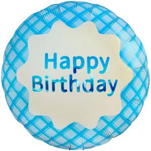 18" Круг, Happy Birthday, Голубой сатин (стильная клетка)/ Китай 26448