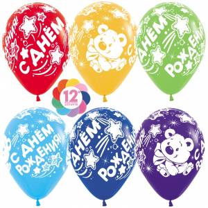 С Днем рождения Мишка ассорти, пастель 12" (Колумбия) 50 шт.