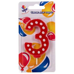 Свеча для торта в белую точку "3"