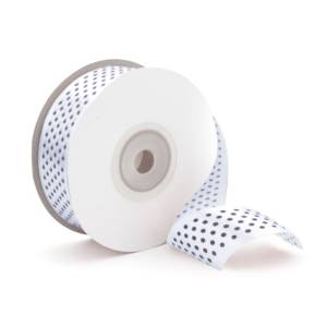 Лента атлас Белый в черный горох 25мм*22,85м