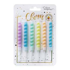 Свечи "Гиганты" Витые (макаронс пастель) с держ. 6шт.,8 см/190278