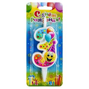 Свеча-цифра 7,6 см Смайлик с шарами "3"                    