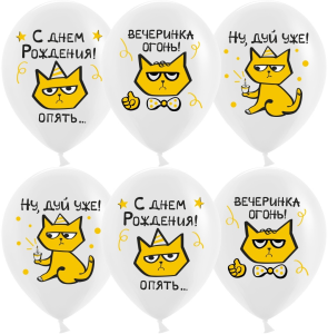 12" С Днем Рождения! (рыжий котик) белый пастель (Китай)/ 25 шт 612857