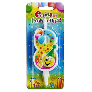 Свеча-цифра 7,6 см Смайлик с шарами "8"                    