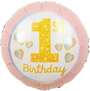 18" Круг,1-ый ДР Девочки (радужные сердечки),розовый / Китай 19197