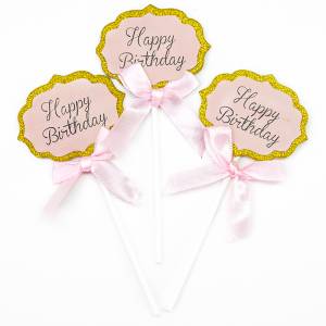 Топпер "Happy Birthday" золото/розовый, 3шт. /616005