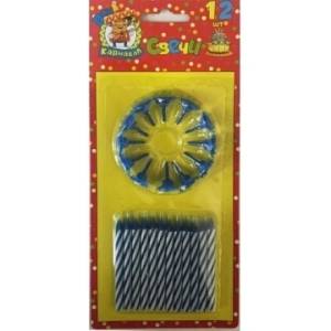 Свечи для торта голубые 12 шт с подставками 