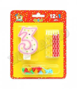 Свечи с цвет. узором с подст. 12 шт.-"Цифра 3"