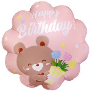 18" Круг, Happy Birthday (мишка с букетом), розовый / Китай 26797S