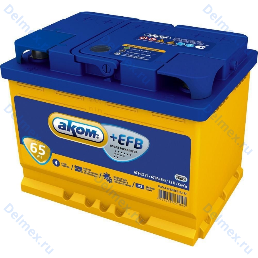 Аккумуляторная батарея АКОМ 6СТ-65L +EFB прямой полярности