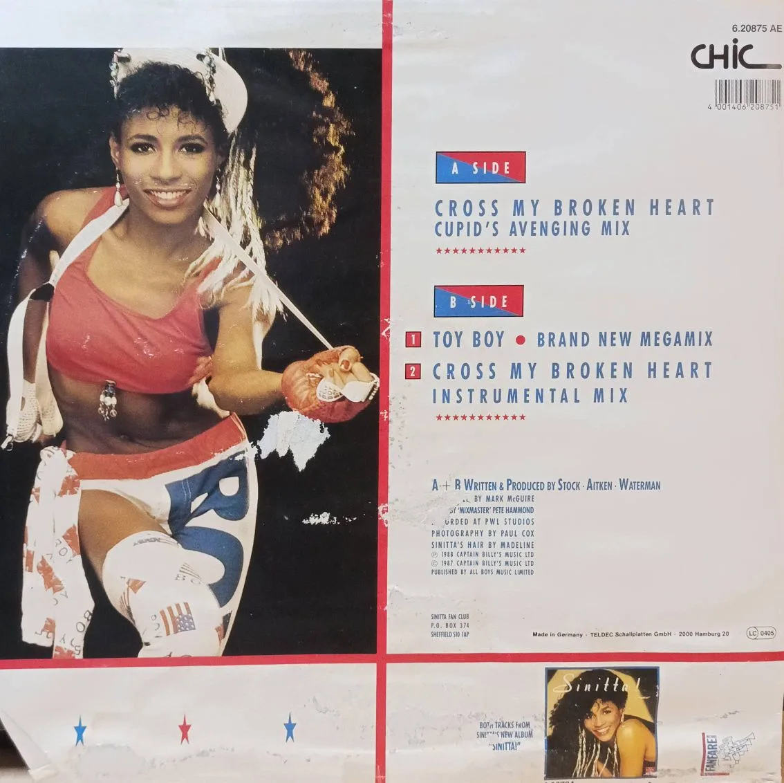 Sinitta — Cross My Broken Heart (Cupid’s Avenging Mix) — виниловая пластинка 12" — Великобритания, 1988 — изображение 2