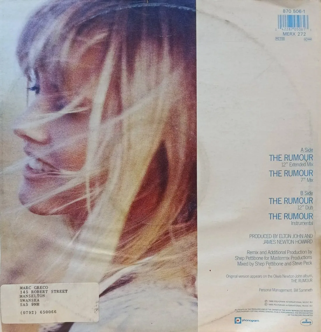 Olivia Newton‑John — The Rumour — виниловая пластинка 12” Single — Великобритания, 1988 — изображение 2
