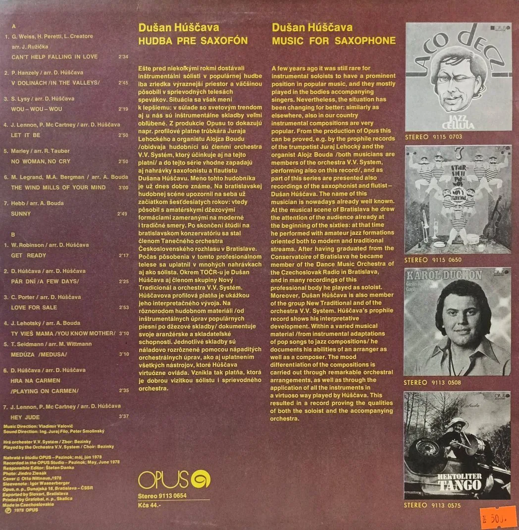 Dušan Húščava — Hudba Pre Saxofón (Music For Saxophone) — виниловая пластинка LP — Чехословакия, 1979 — Opus — изображение 2