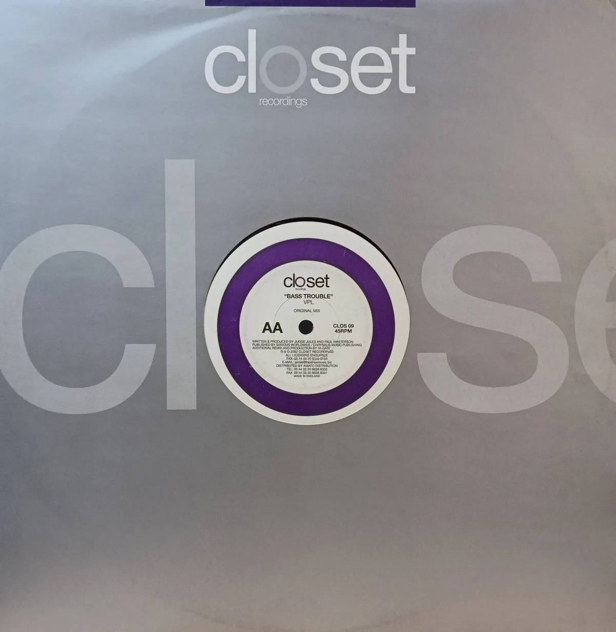 «VPL — Bass Trouble (Original Mix)» — 12″ винил, 45 RPM — Closet Recordings, CLOS 09 — Judge Jules & Paul Masterson