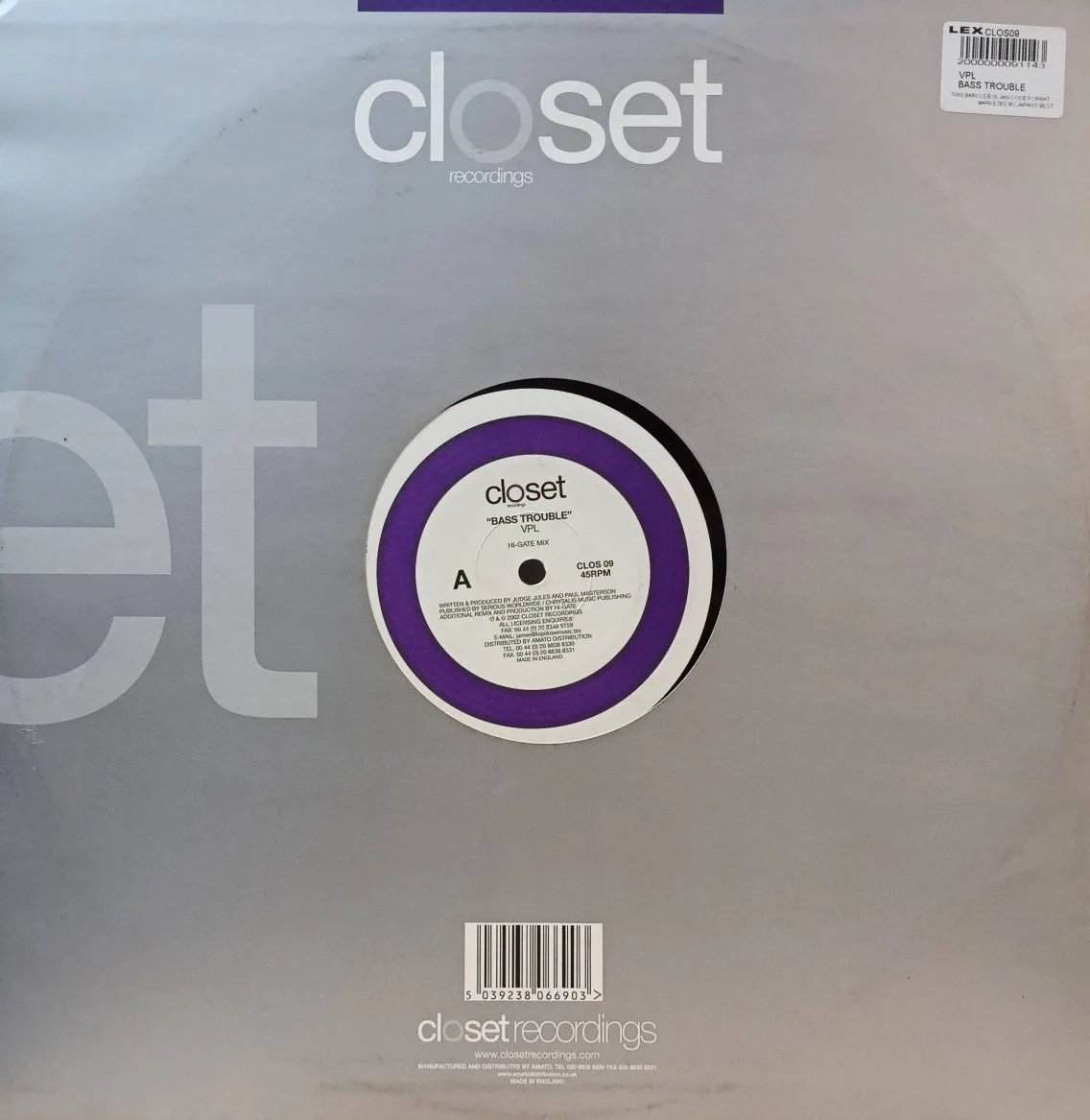 «VPL — Bass Trouble (Original Mix)» — 12″ винил, 45 RPM — Closet Recordings, CLOS 09 — Judge Jules & Paul Masterson — изображение 2