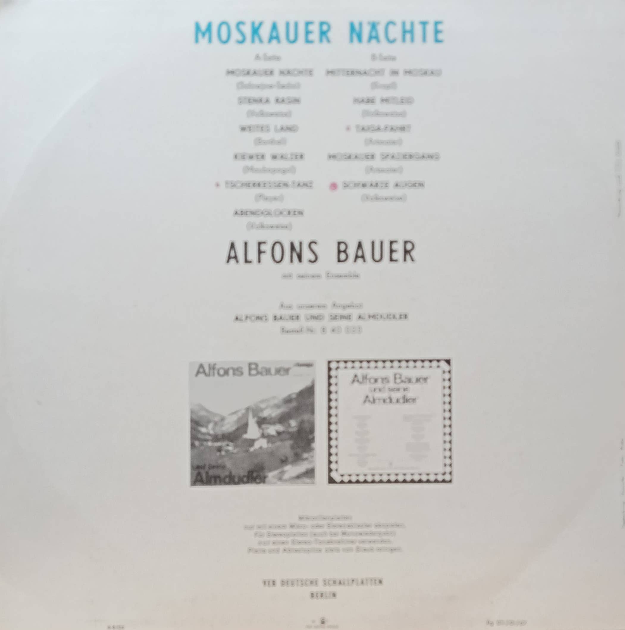 Alfons Bauer — «Moskauer Nächte» — LP, Amiga 8 40 045, ГДР, 1967 — изображение 2