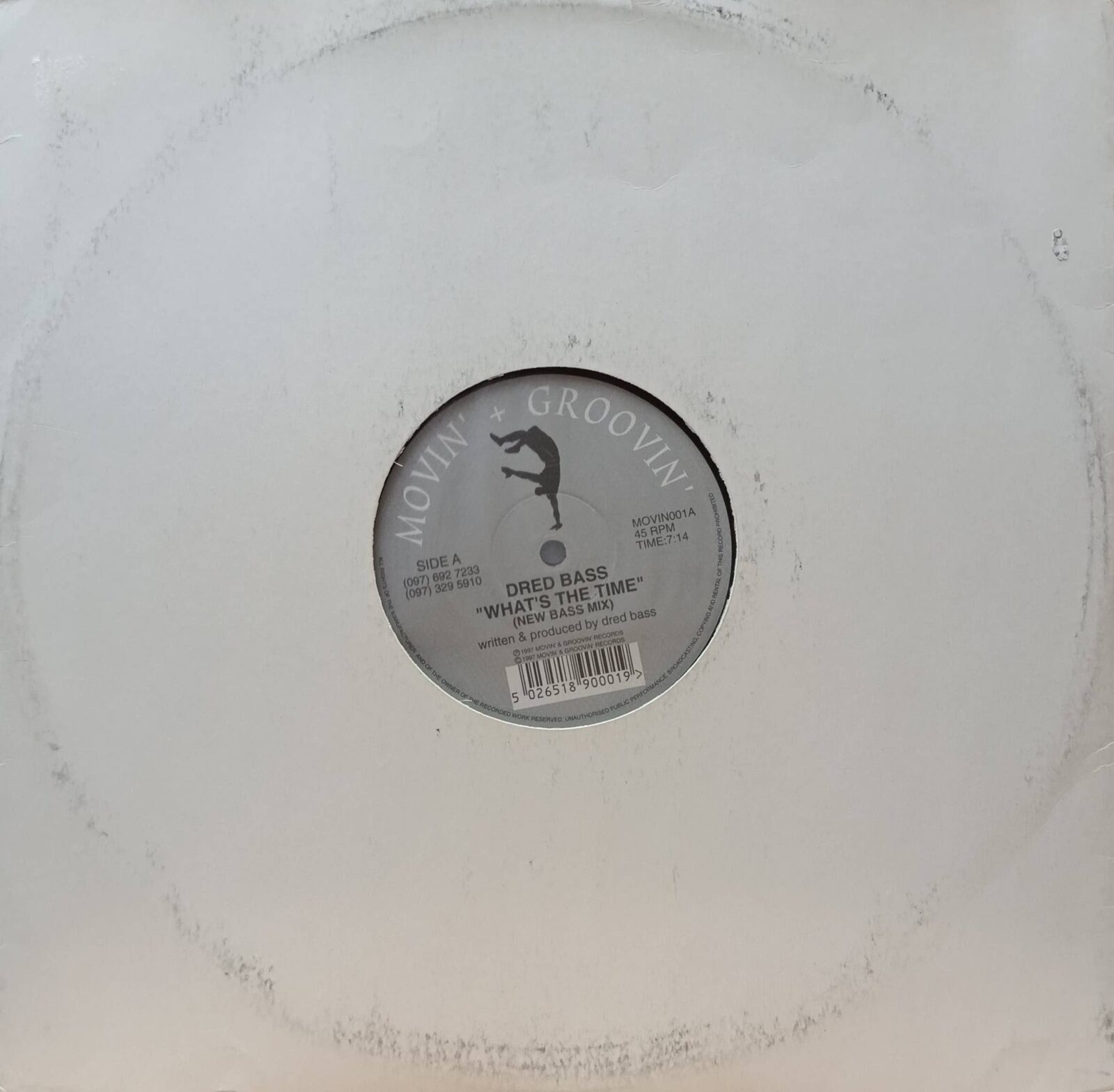 Dred Bass — «What’s The Time» (Movin’ + Groovin’ MOVIN001A, 1997) — 12‑дюймовый speed‑garage сингл с New Bass Mix для диджеев — изображение 2