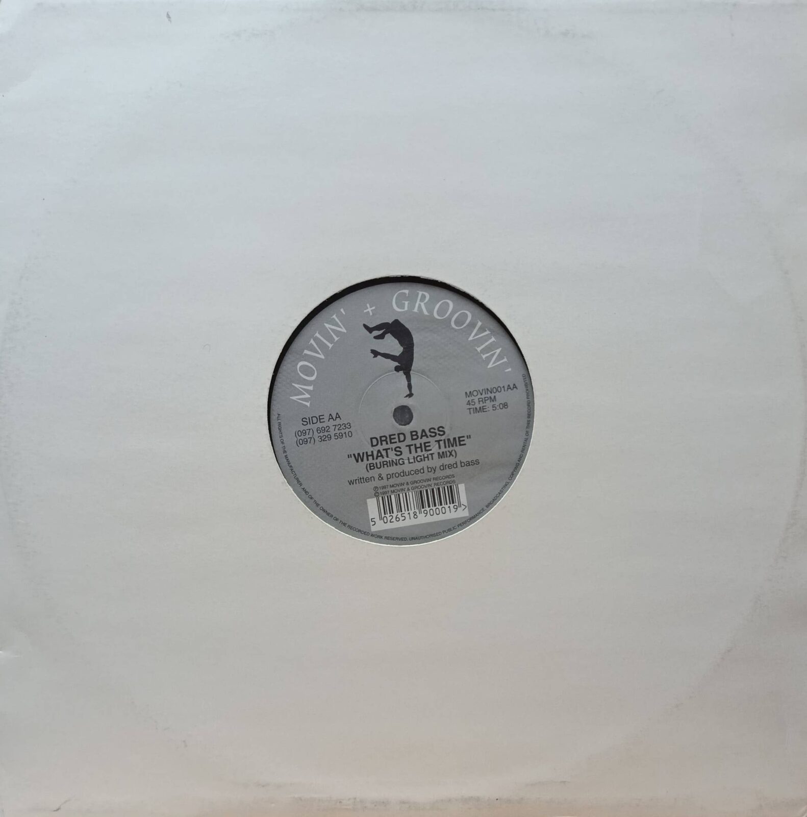 Dred Bass — «What’s The Time» (Movin’ + Groovin’ MOVIN001A, 1997) — 12‑дюймовый speed‑garage сингл с New Bass Mix для диджеев