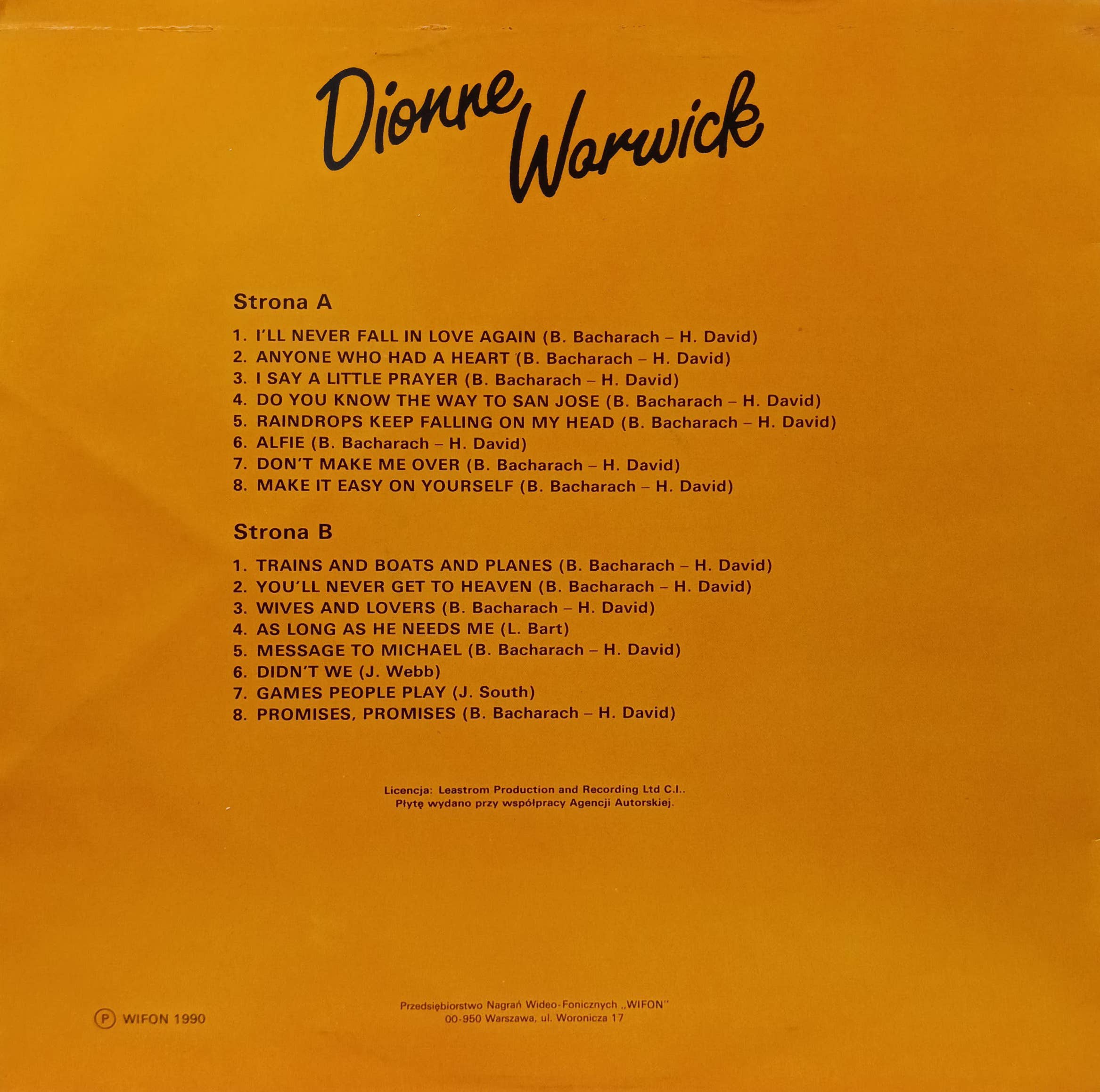 Dionne Warwick — «Złote Przeboje» («Золотые хиты»), виниловая пластинка LP, Wifon, Польша, 1990 — изображение 2