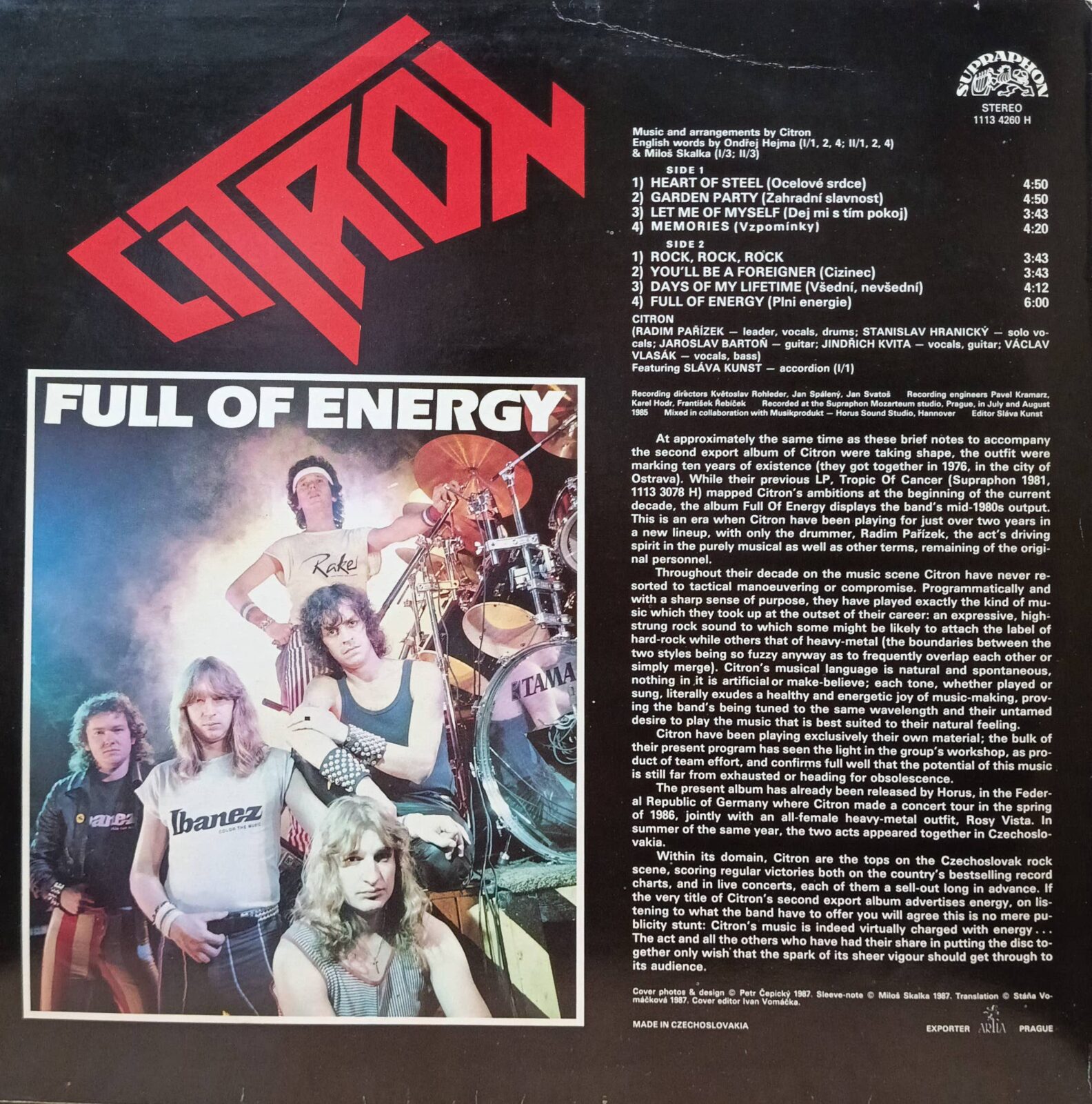 Citron — «Full Of Energy», виниловая пластинка LP, Supraphon, Чехословакия, 1986 — изображение 2