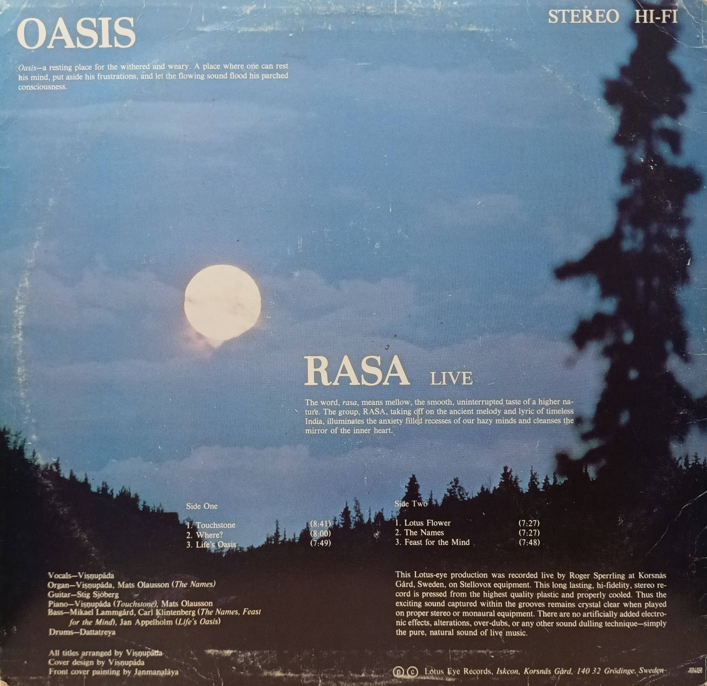 Rasa — «Oasis» — виниловая пластинка LP — Швеция, 1979 — Lotus Eye Records (BBT S‑16) — изображение 2