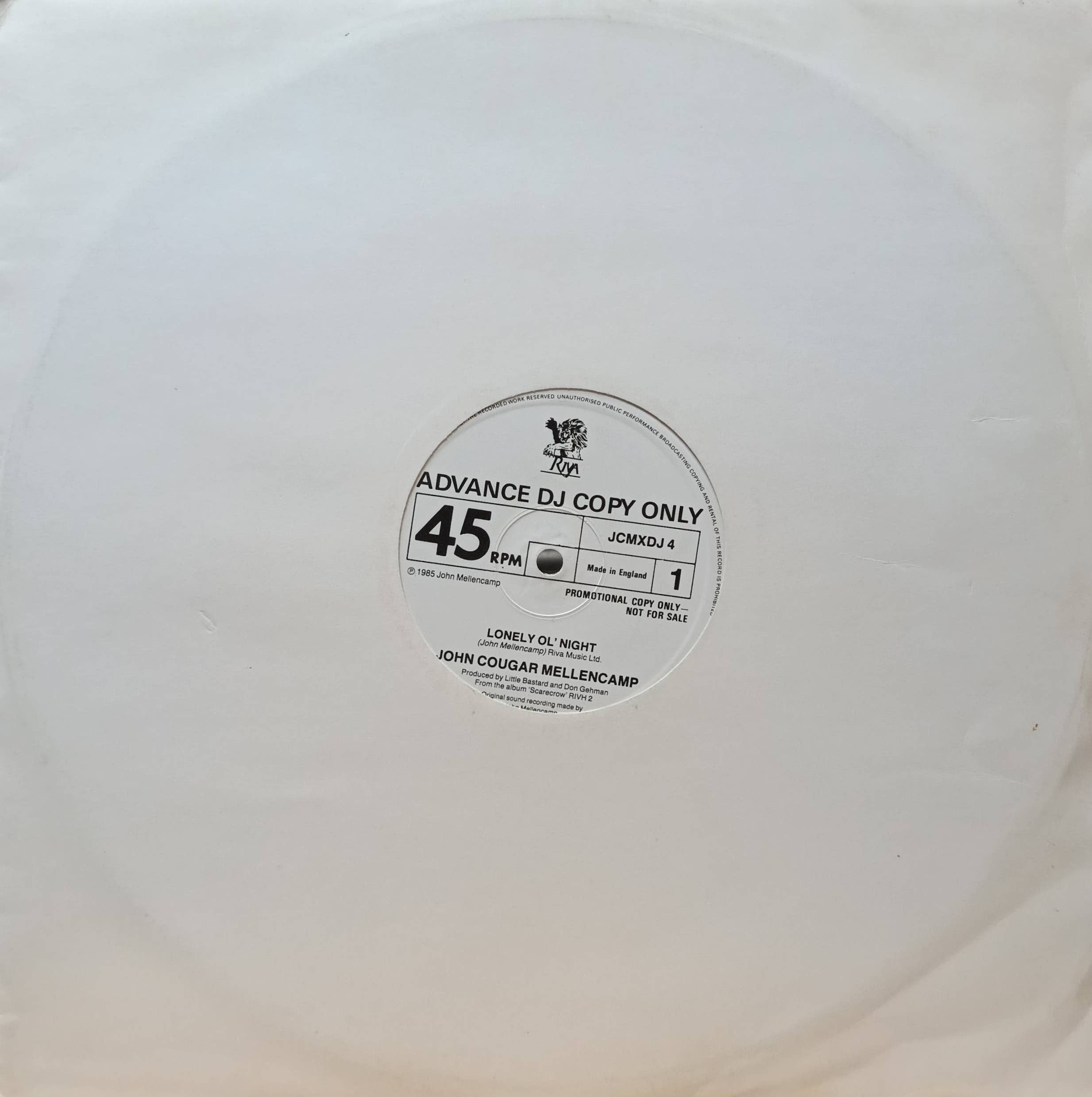 John Cougar Mellencamp — Lonely Ol’ Night (45 RPM Promo DJ Copy) — Riva, 1985 — Made in England — изображение 2