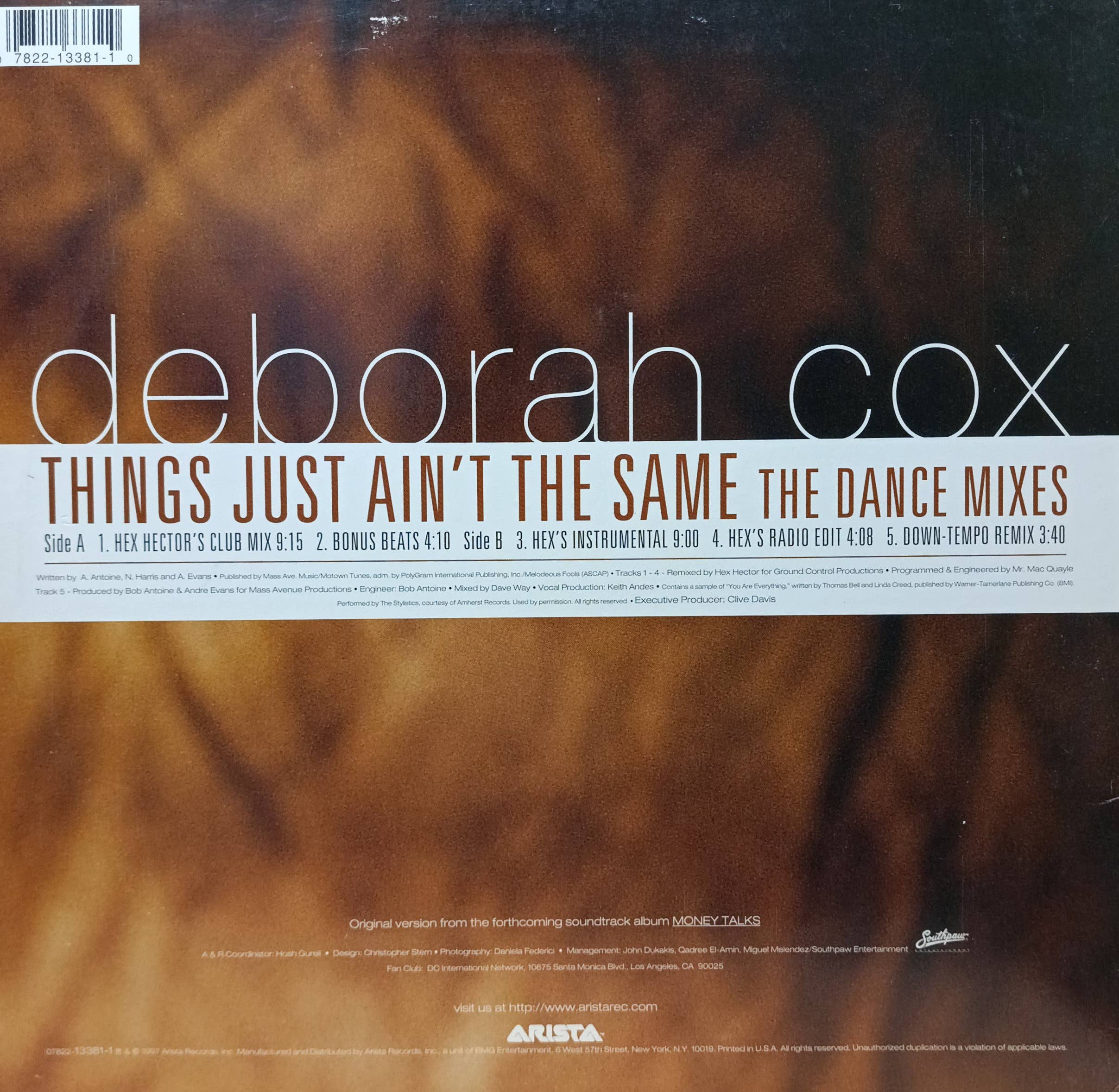 Deborah Cox — Things Just Ain’t The Same: The Dance Mixes — виниловый макси‑сингл, Arista Records, 1997 — изображение 2