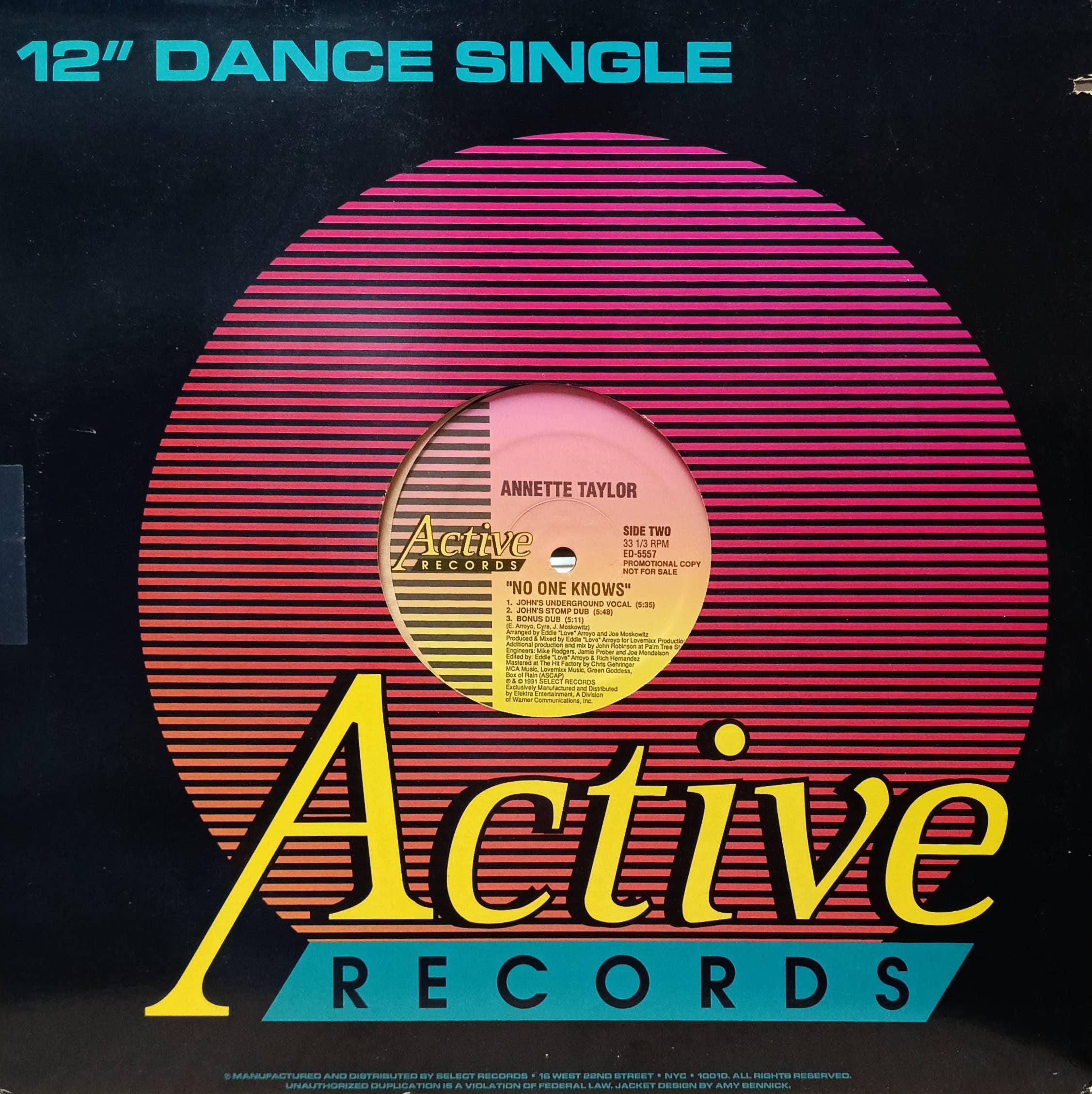 Annette Taylor — No One Knows — виниловая пластинка 12" Promo Single, Active Records, 1991 — изображение 2