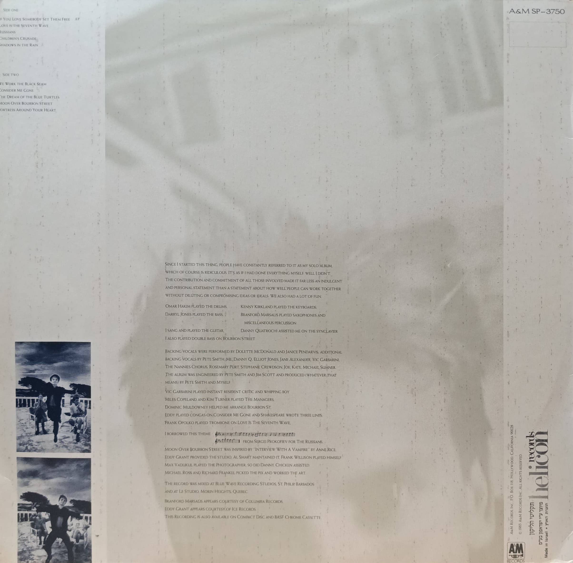 Sting — The Dream of the Blue Turtles — виниловая пластинка LP, A&M Records, 1985 — изображение 2