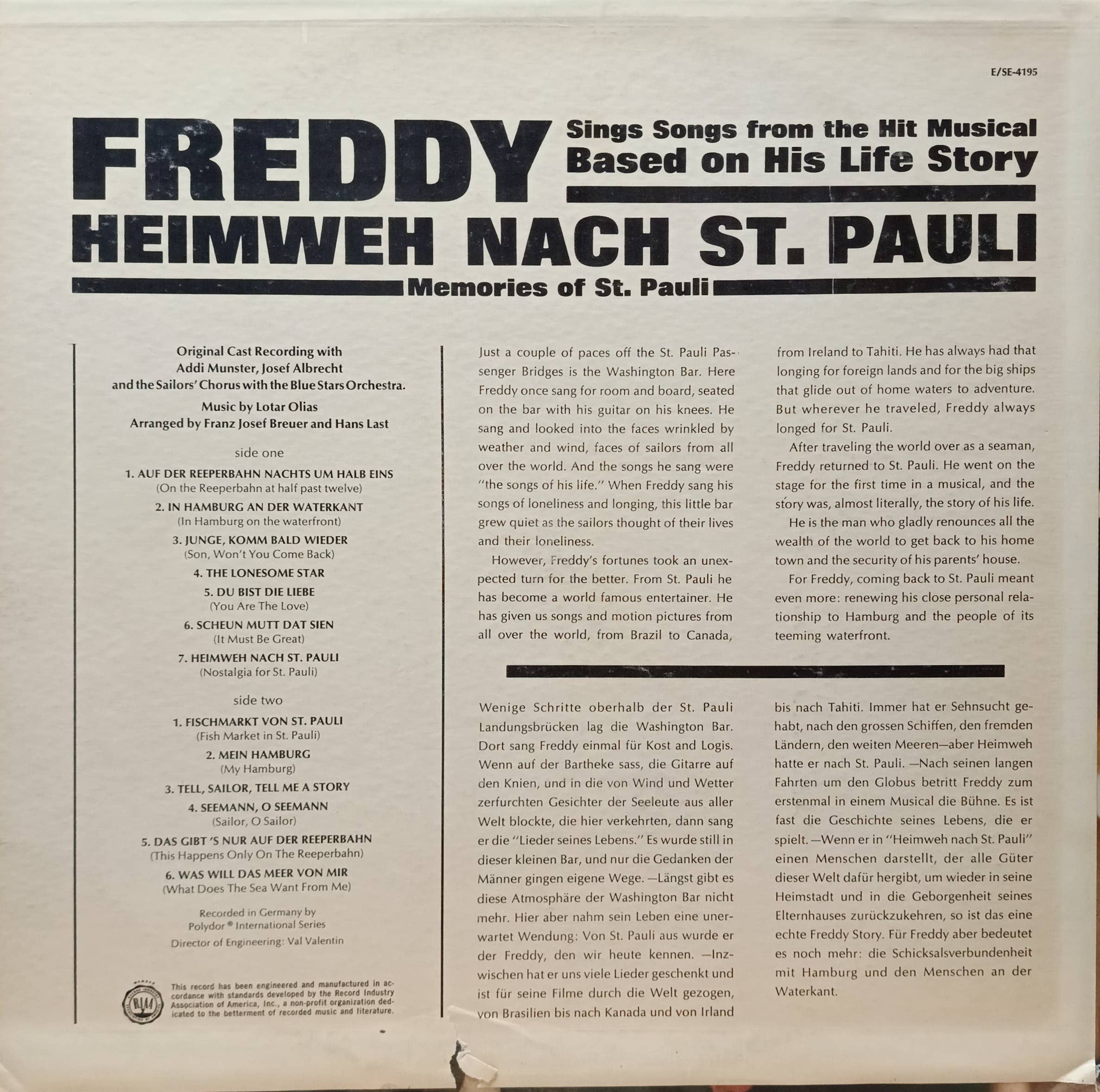 Freddy Quinn — «Heimweh nach St. Pauli» («Memories of St. Pauli») — виниловая пластинка LP — MGM — изображение 2