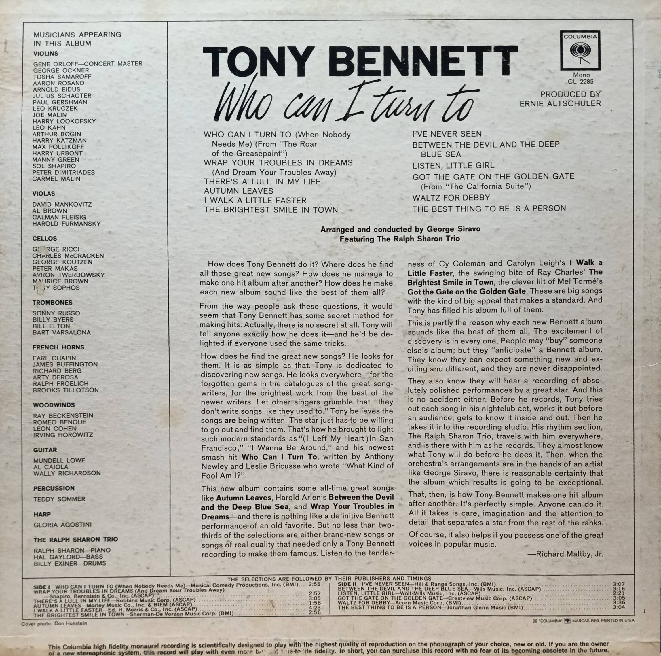 Tony Bennett — «Who Can I Turn To» — виниловая пластинка LP — Columbia Records, 1964 — изображение 2