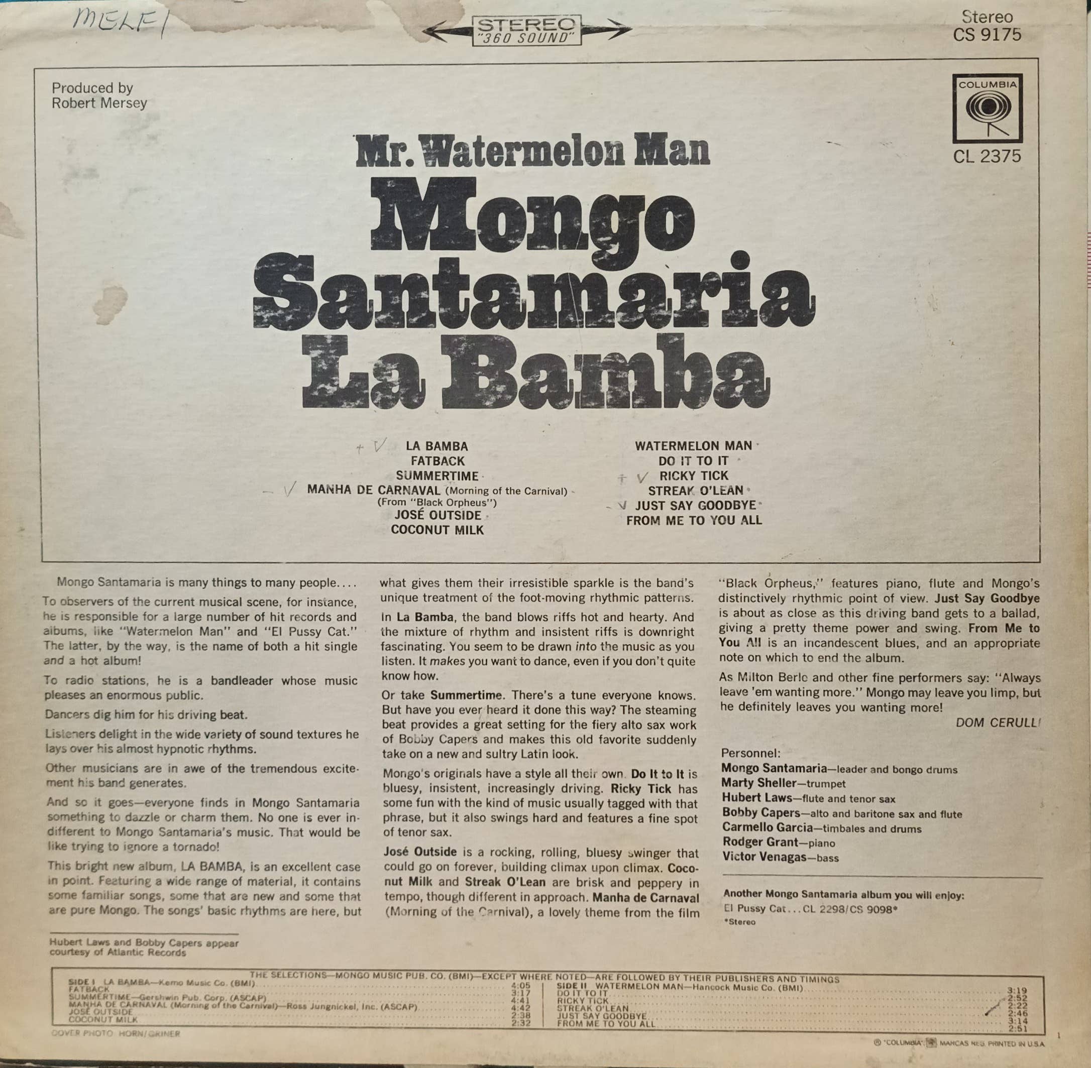 Mongo Santamaria — La Bamba — виниловая пластинка LP — США, 1965 — изображение 2