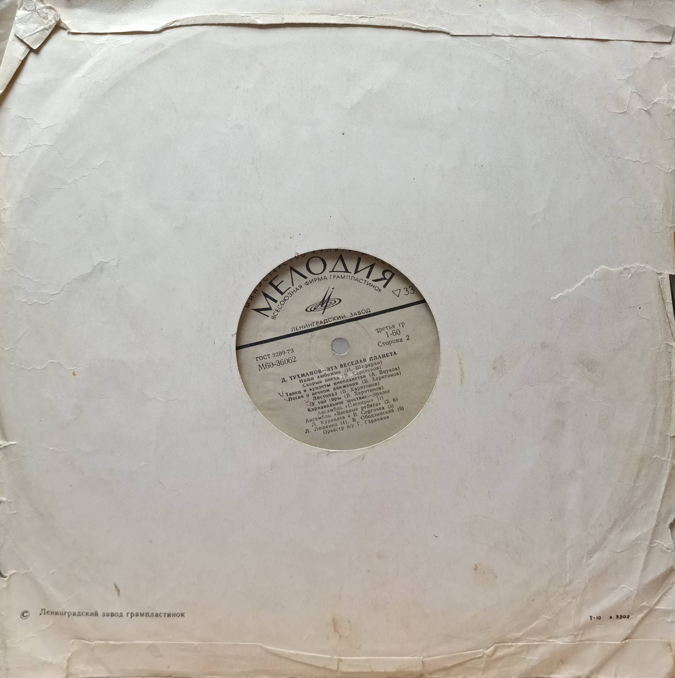 Д. Тухманов — «Эта весёлая планета» — виниловая пластинка LP — СССР, 1974, Ленинградский завод, «Мелодия» — изображение 2
