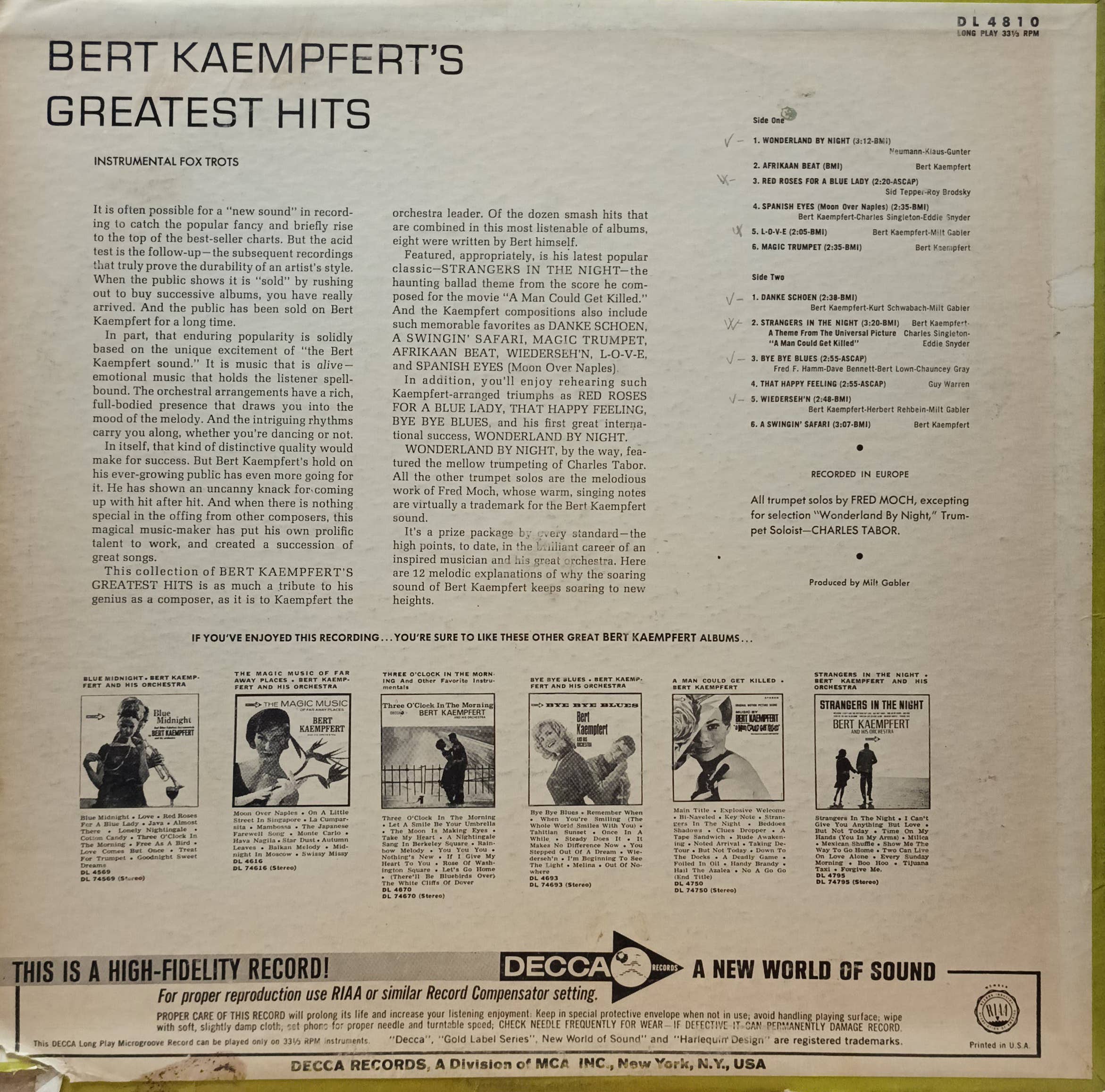 Bert Kaempfert’s Greatest Hits — виниловая пластинка LP — Decca, 1966 — изображение 2