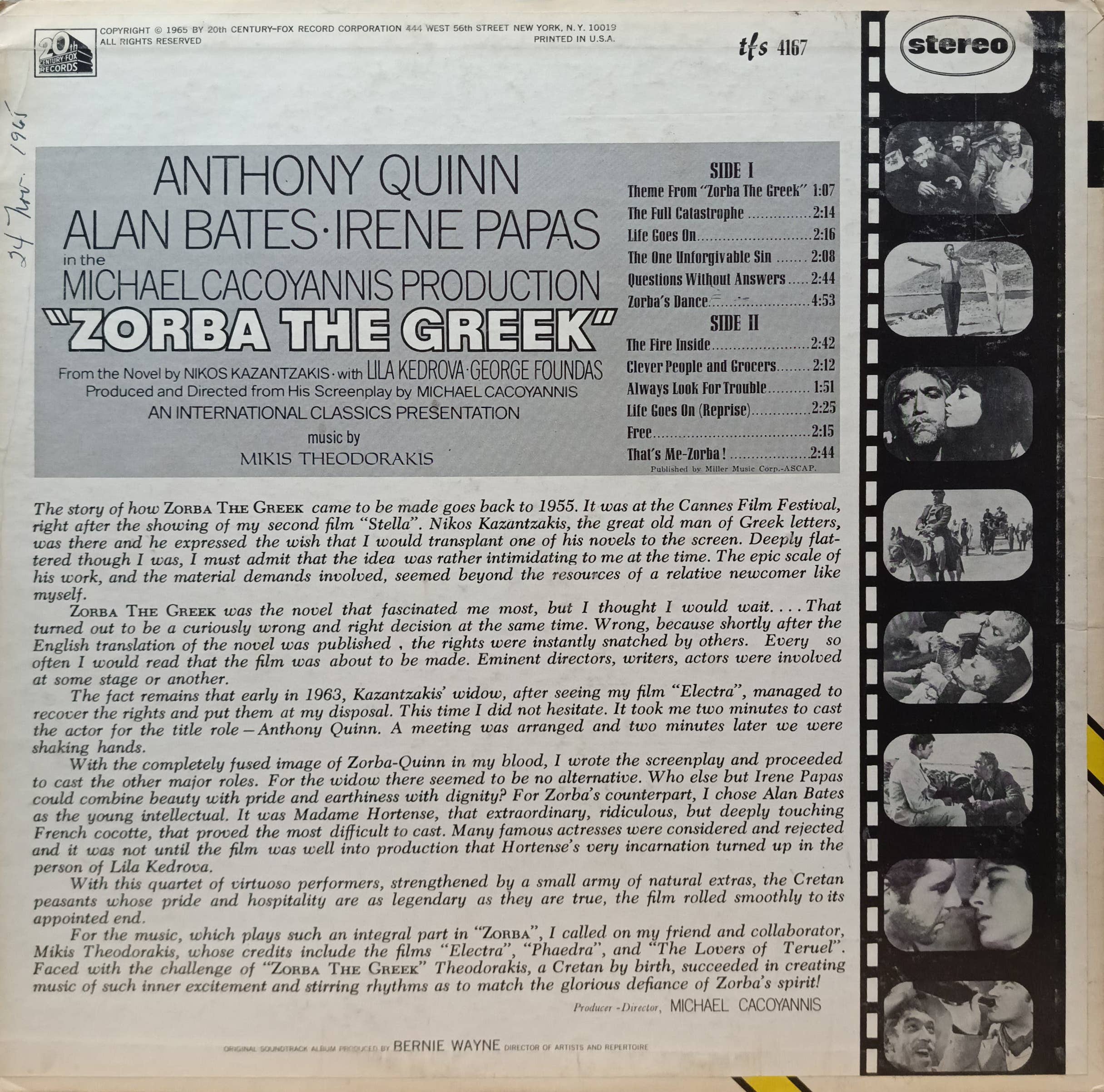 Zorba the Greek — Original Soundtrack Album — 20th Century Fox Records, 1965, стерео, LP — изображение 2