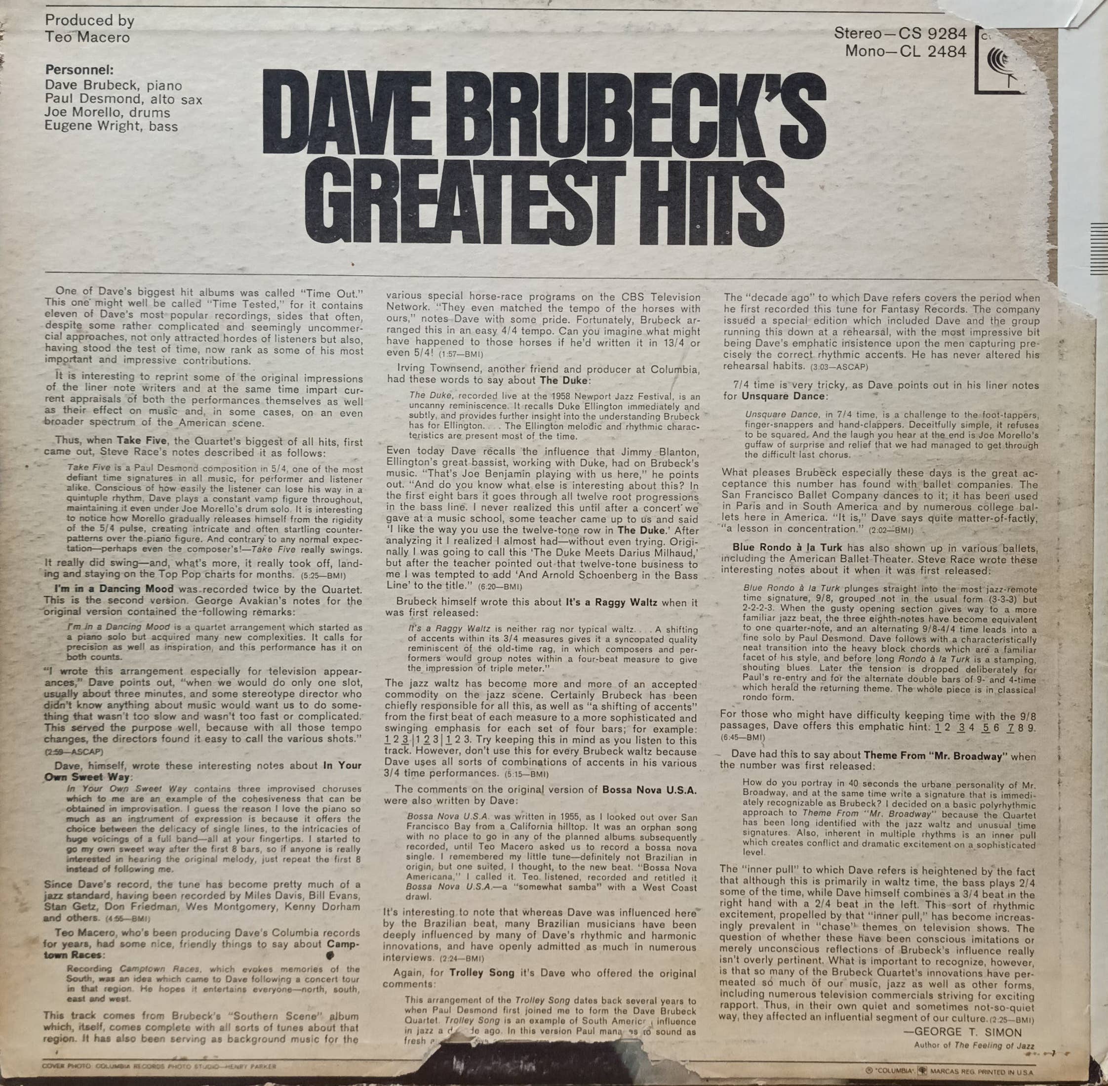 Dave Brubeck — Dave Brubeck’s Greatest Hits — виниловая пластинка LP — США, 1966 — стерео, Columbia CS 9284 — изображение 2